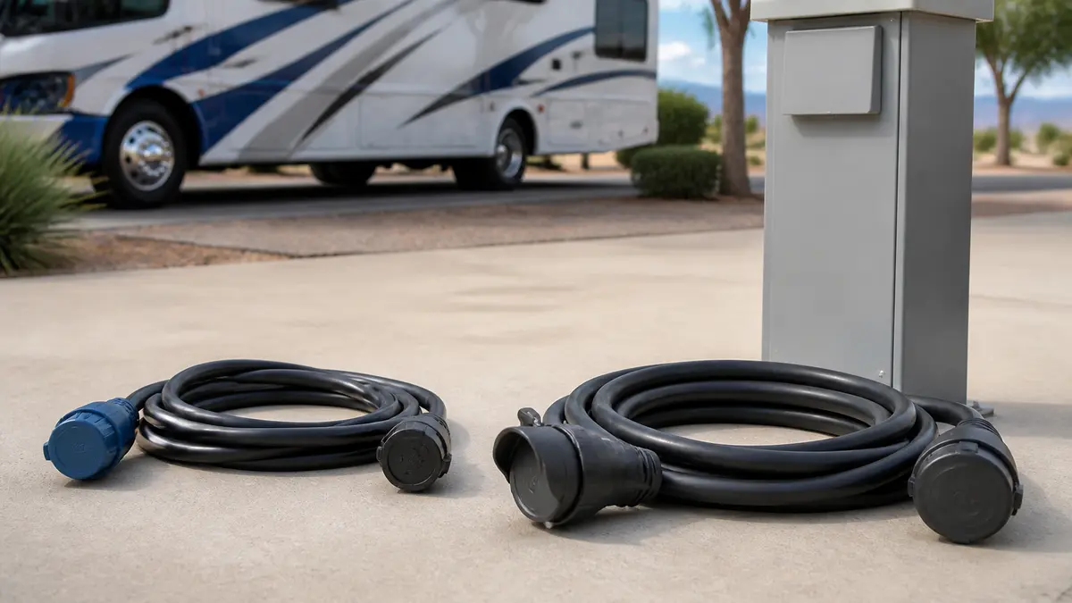 Closed RV shore-power cords and connectors on a clean campground service pedestal