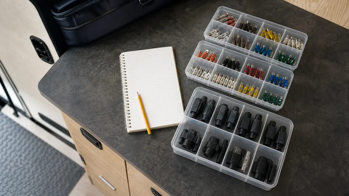 Unused low-voltage DC fuses and closed fuse holders sorted beside a blank notebook in an RV