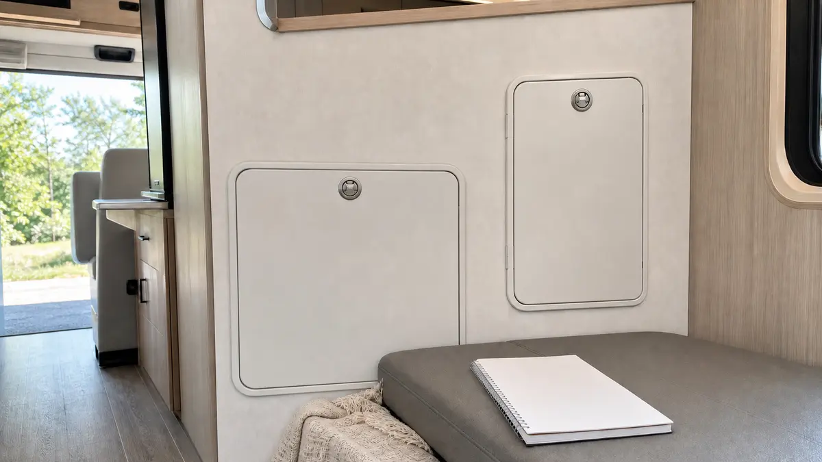 Two closed RV electrical access doors beside a blank troubleshooting notebook