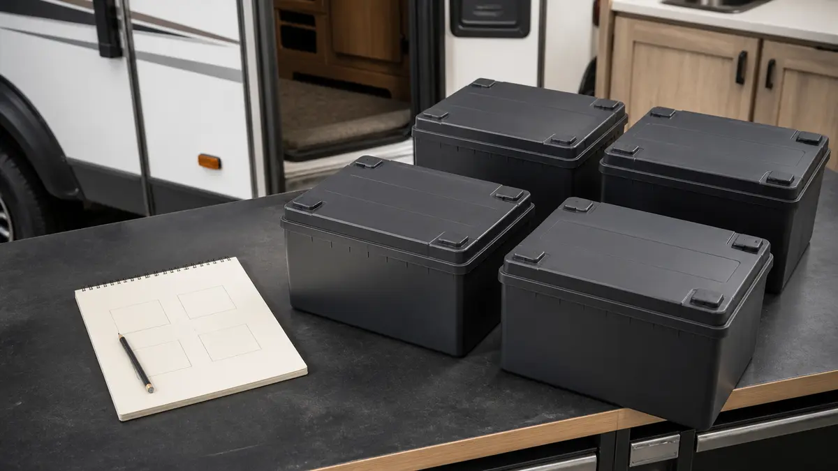 Closed RV battery cases arranged for battery-bank planning beside a notebook