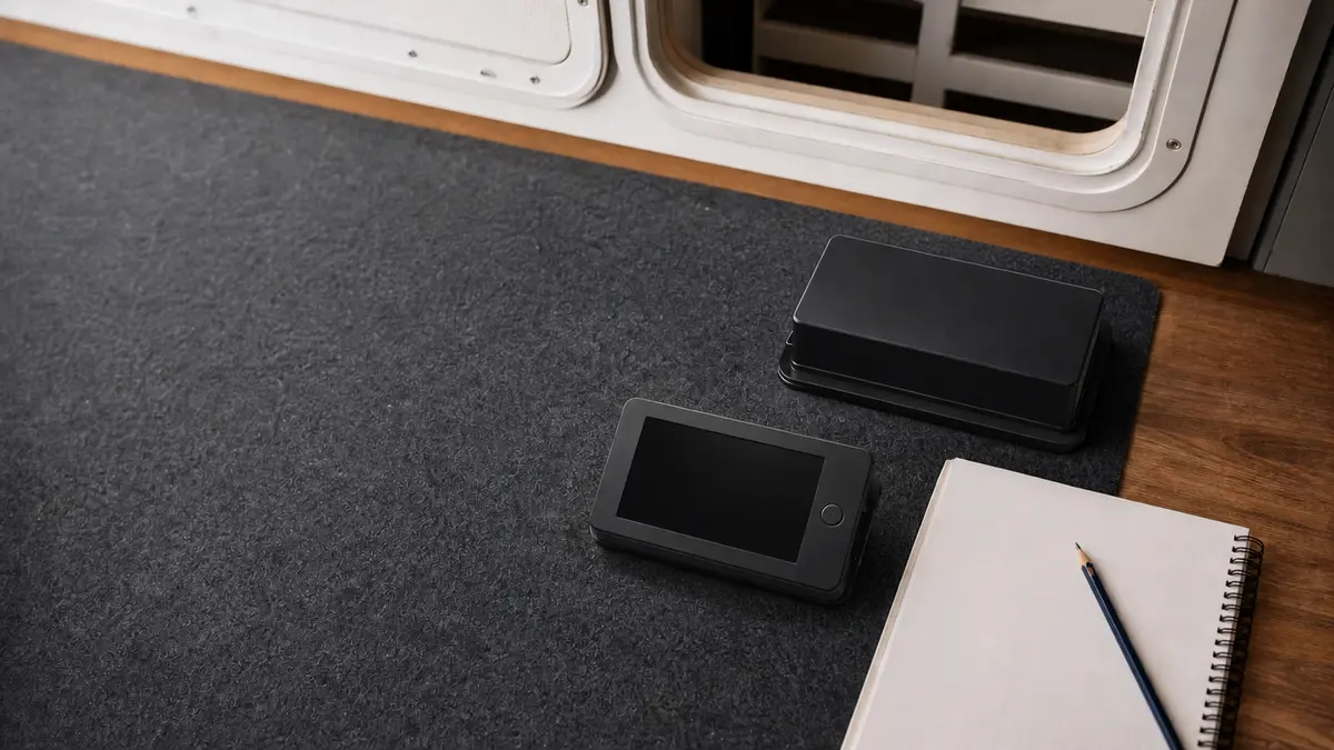 Closed battery monitor and covered shunt enclosure beside a blank notebook in an RV service bay