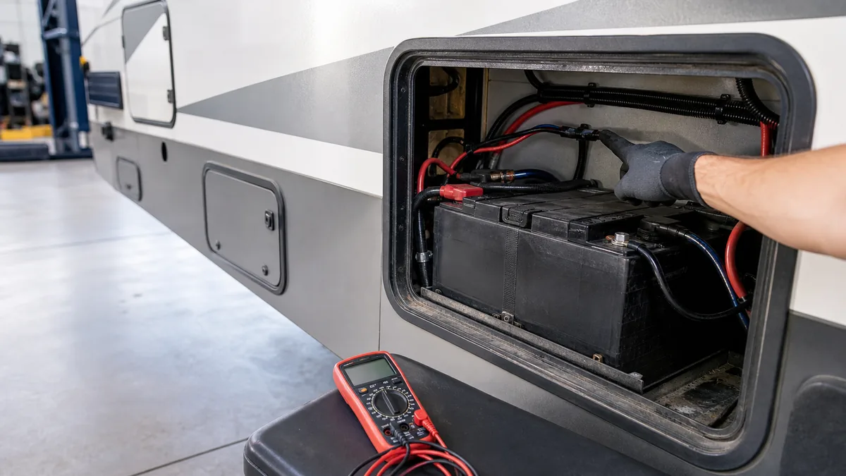 RV house battery compartment being inspected from a safe service-bay viewpoint with a digital multimeter nearby
