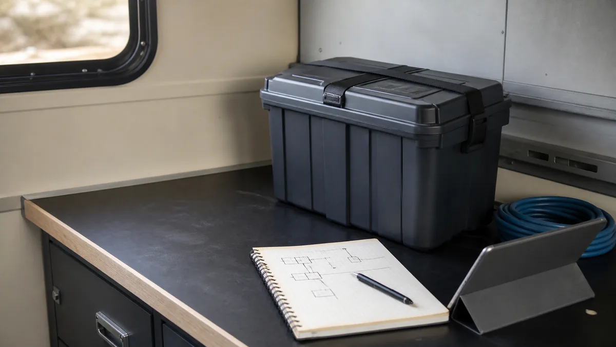 Closed RV battery case and planning notebook on a service-bay workbench