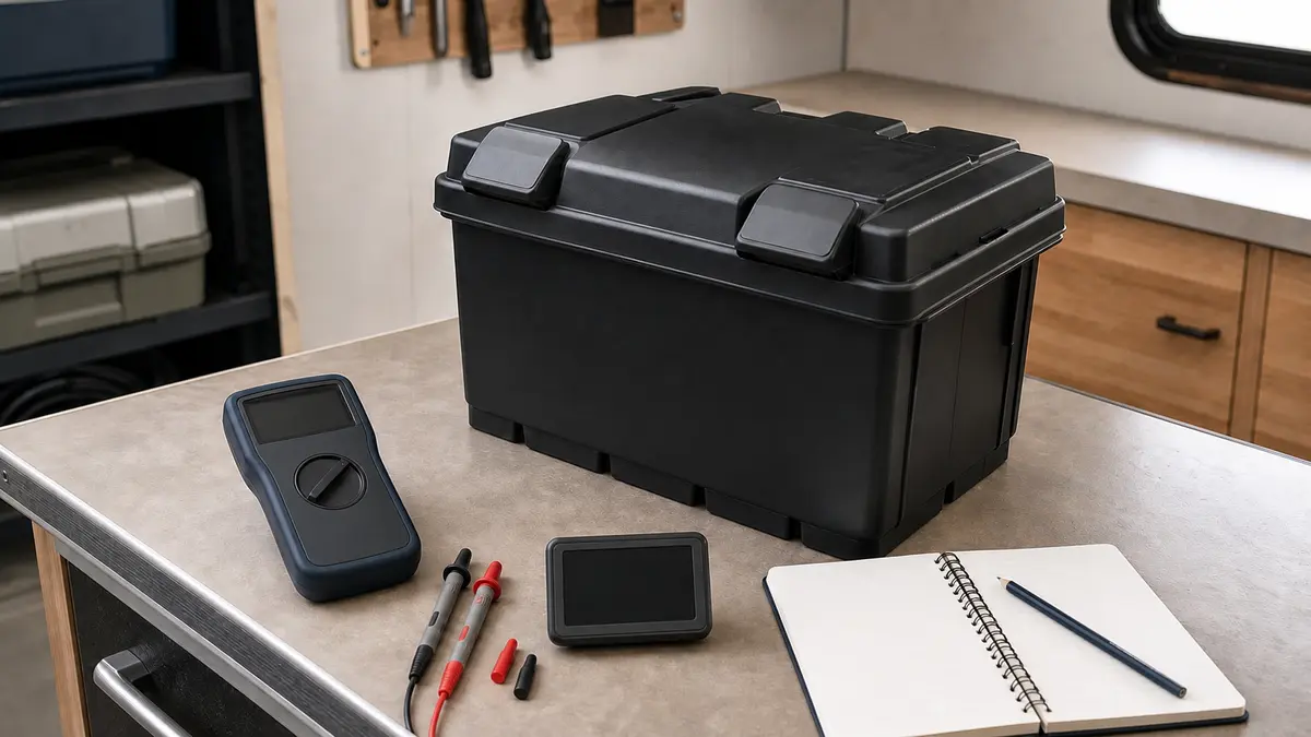 Closed RV house battery beside unmarked measurement tools and a blank service notebook