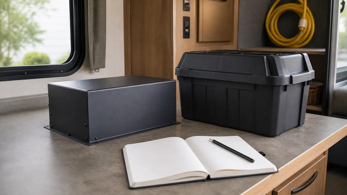 Closed RV converter and house battery enclosures beside a blank documentation notebook