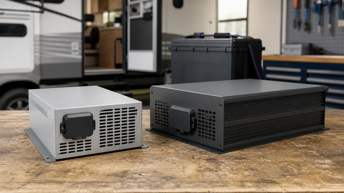 Two closed unbranded RV power conversion devices on a workshop bench