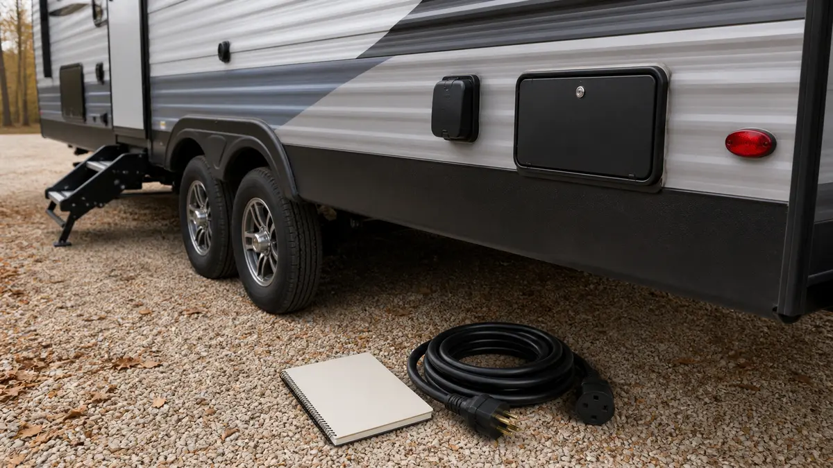 Closed RV shore-power inlet and service hatch beside a disconnected power cord and blank notebook