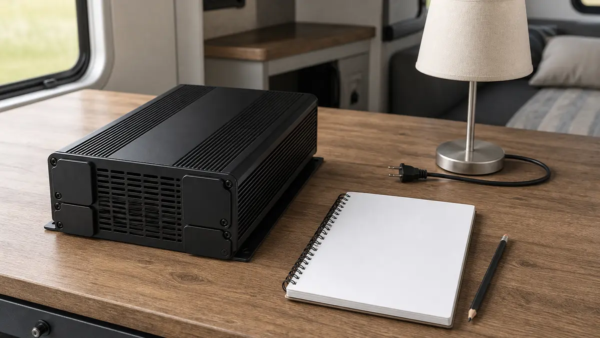 Closed unconnected RV inverter beside a blank notebook and an unplugged table lamp