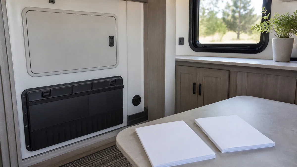 Two blank manuals beside closed RV electrical and battery compartments