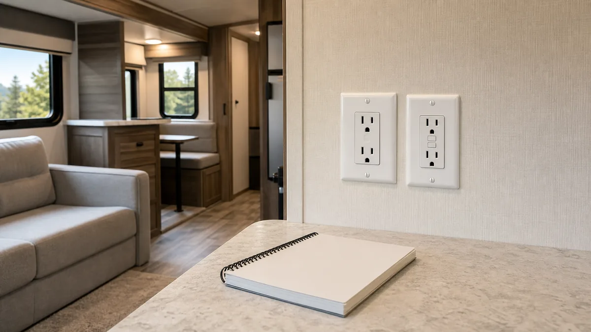 Closed standard and GFCI receptacles beside a blank notebook inside an RV