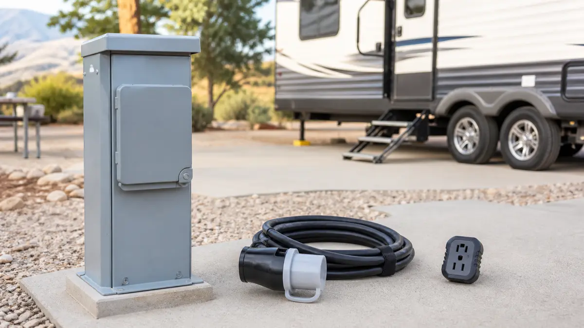 Closed campground power pedestal and intact RV shore cord prepared for an external inspection