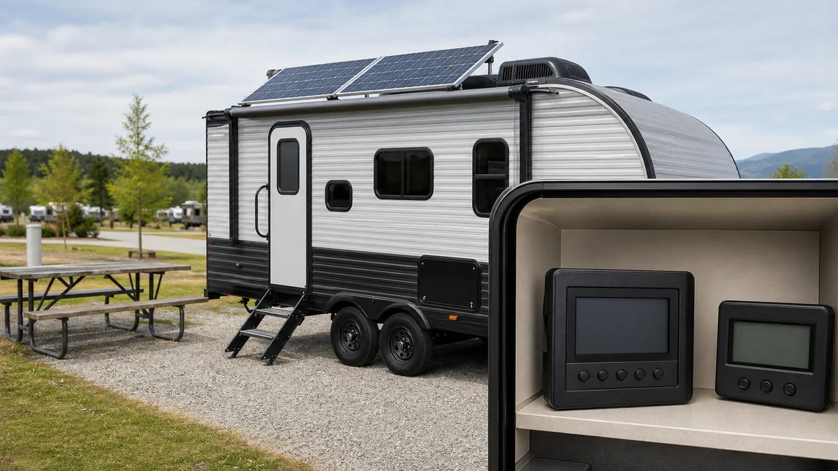 Travel trailer with roof solar panels and two closed monitoring displays in a service compartment