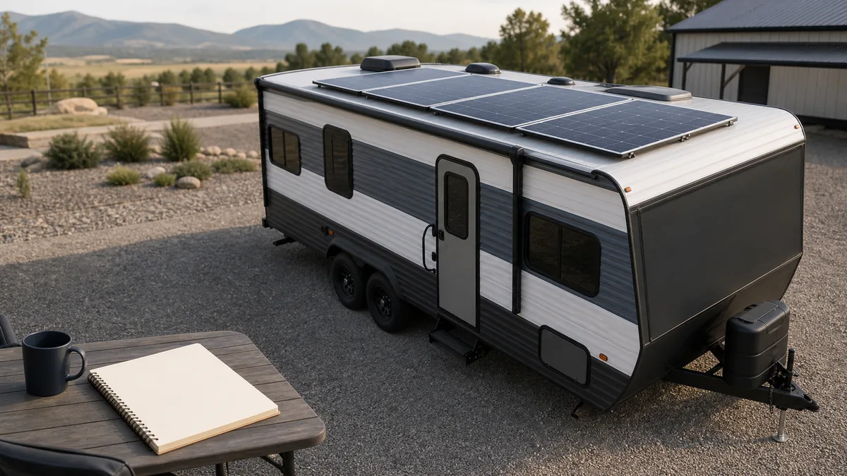 Travel trailer with closed roof-mounted solar panels beside a blank planning notebook