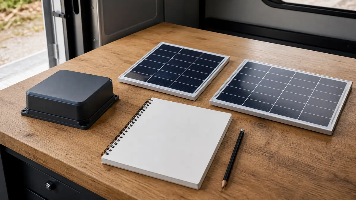 Closed solar controller, two panel samples, and a blank planning notebook in an RV