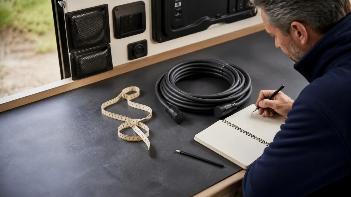 Closed coil of RV DC cable beside a measuring tape and planning notebook on a workbench
