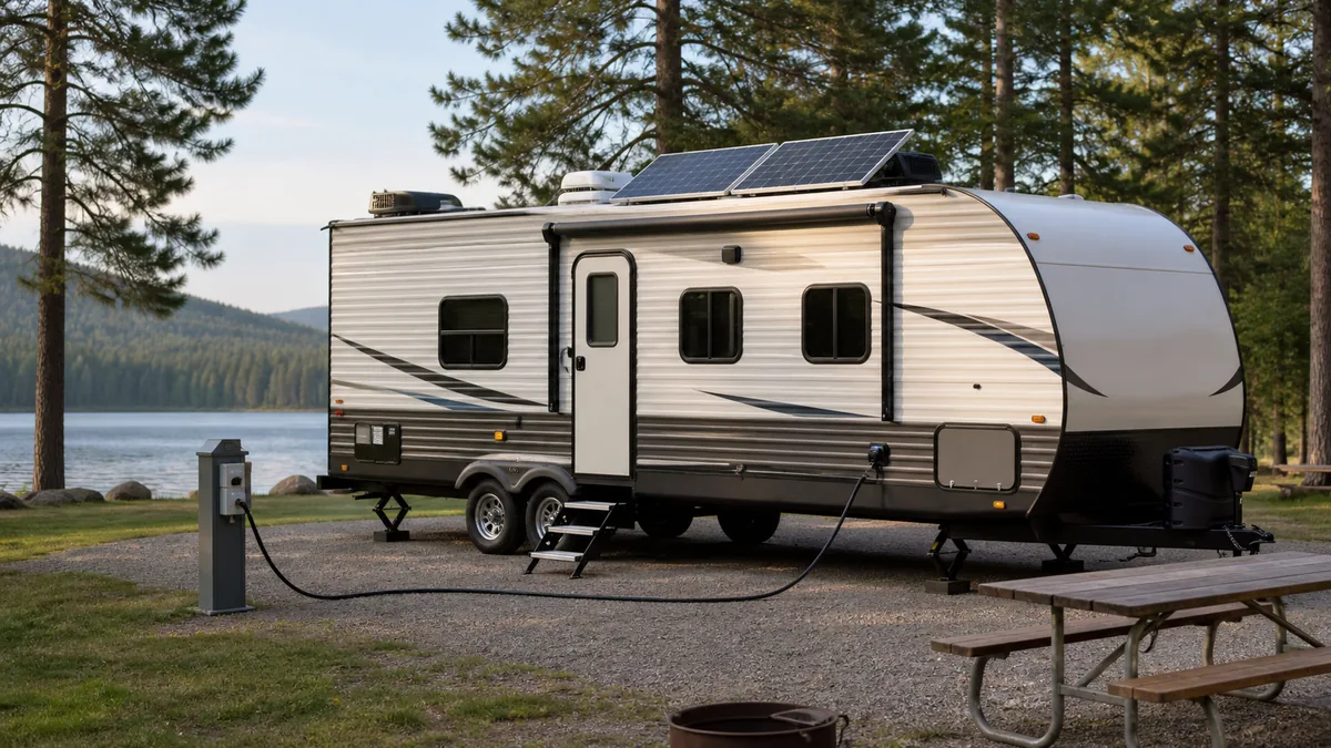 Travel trailer connected to a campground power pedestal with solar panels on the roof